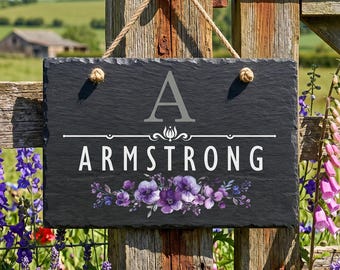 Personalized Custom Slate Sign for Home Address with Name and Purple Flower SLT-A03