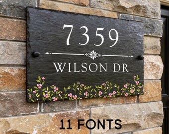 Personalized Custom Slate Address Sign Rusty Plaque with Flower, SLT-A05