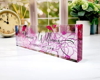 Custom Name Plate for Desk, Desk Nameplate, Personalized Gift, Acrylic Plaque, Floral Name Plate, Gift for Women, Gift for Lady, CAB79FW