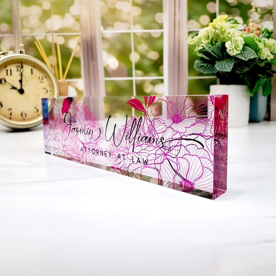 Custom Name Plate for Desk, Desk Nameplate, Personalized Gift, Acrylic Plaque, Floral Name Plate, Gift for Women, Gift for Lady, CAB79FW
