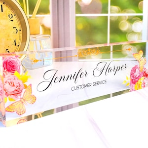 Desk Name Plate, Personalized Desk Name Plate Plaque, Custom Office Name Sign, Flower Name Plate for Desk, Acrylic Name Plate, CAB09FW