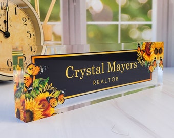 Personalized Name Plate for Desk, Clear Acrylic Glass Name Plate, Custom Office Decor, Sunflower Name Plate, Personalized Gift, CAB18FW