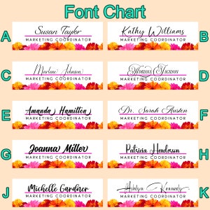Peut inclure: Un tableau pr&eacute;sentant 10 noms diff&eacute;rents dans une police d&eacute;corative, chacun avec le titre "Marketing Coordinator" en dessous. Les noms sont plac&eacute;s sur un fond de fleurs orange et roses.