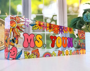 Personalized Teacher Desk Name Plate, Teacher Name Plate, Retro Theme, Acrylic Name Plate for Teacher, Teacher Appreciation Gift, CAB50TC