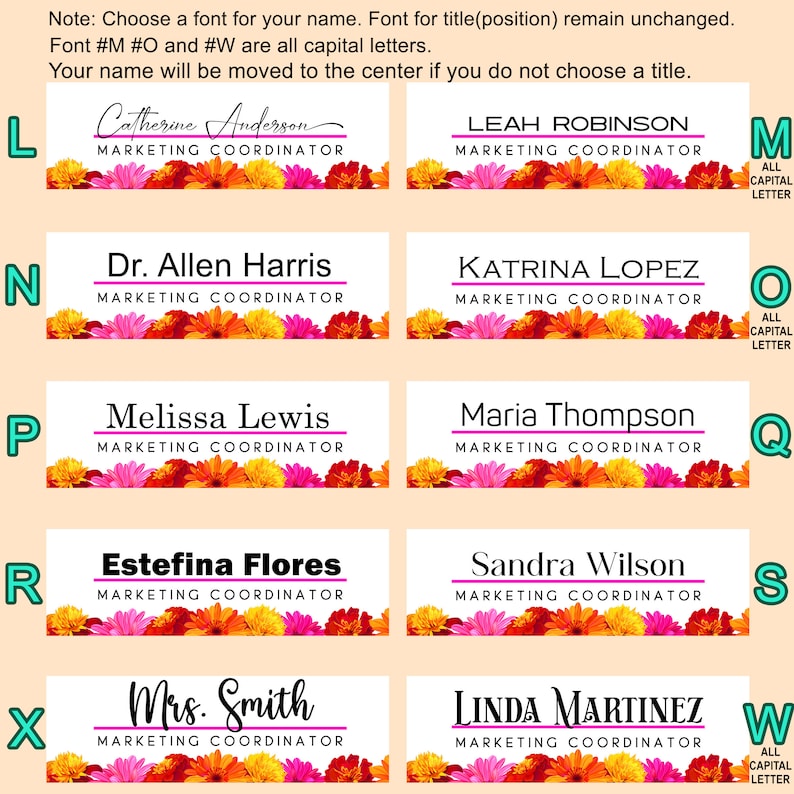 May include: A selection of name badges with floral borders. Each badge displays a name and the job title "Marketing Coordinator" in black lettering. The badges are decorated with a colourful arrangement of flowers in yellow, orange, and pink.