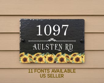 Personalized Custom Slate Address Sign Plate with Sunflower, SLT-A06B