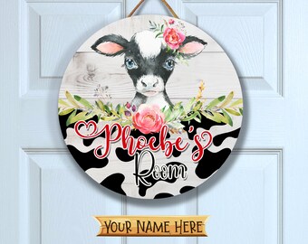 Girls Floral Cow Door Sign, Personalized Girls Bedroom Decor, Nursery Wall Art Decor, Wooden Child's Name Plaque, Custom Sign, ANM009