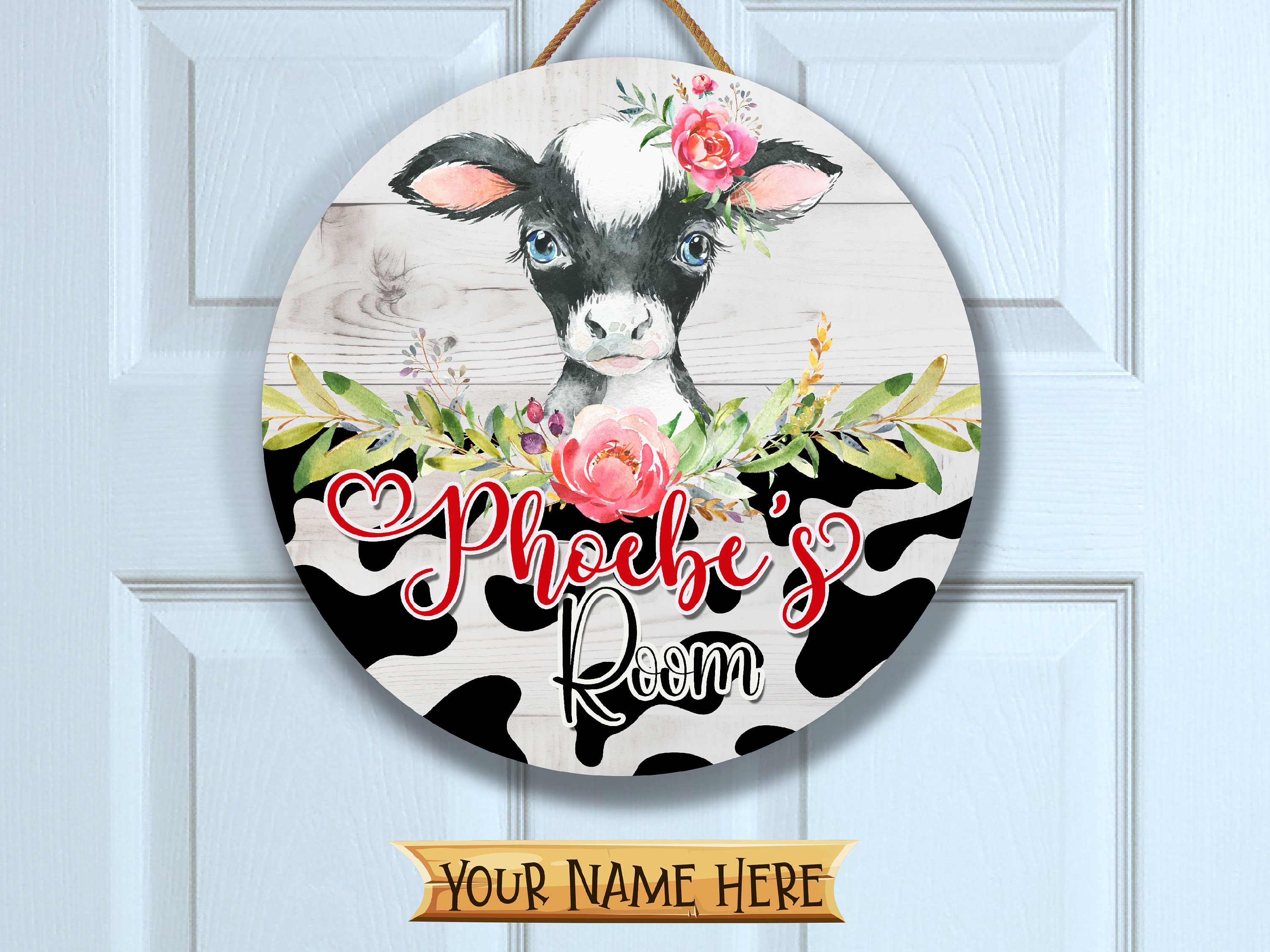 Girls Floral Cow Door Sign, Personalized Girls Bedroom Decor, Nursery Wall Art Decor, Wooden Child's Name Plaque, Custom Sign, ANM009