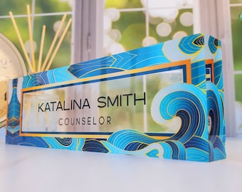 Personalized Name Plate for Desk, Clear Acrylic Glass Name Plate, Custom Office Decor, Ocean Wave Nameplate Sign, Personalized Gift, CAB16BC