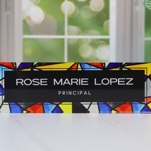 Desk Name Plate for Women, Personalized Desk Name Plate Plaque, Colorful Stain Glass Name Plate for Desk, Clear Acrylic Name Plate, CAB31SG