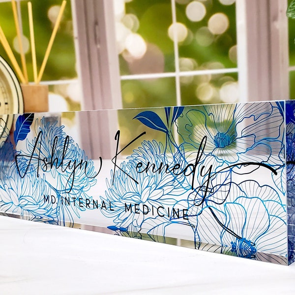 Custom Name Plate for Desk, Desk Nameplate, Personalized Gift, Acrylic Plaque, Floral Name Plate, Gift for Her, Gift for Lady, CAB79FW