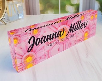 Desk Name Plate, Personalized Desk Name Plate Plaque, Custom Office Name Sign, Pink Flower Name Plate for Desk, Acrylic Name Plate, CAB25FW