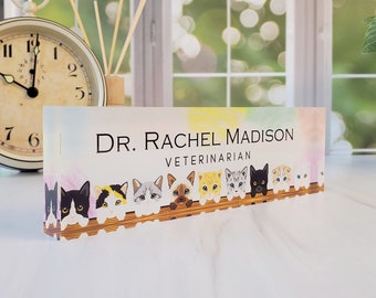 Acrylic Name Plaque for Desk, Personalized Name Plate for Desk, Desk Name Plaque, Gift for Veterinarian, Gift for Cat Lover, CAB047CT