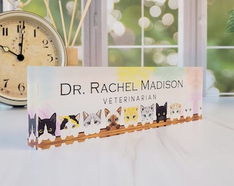 Acrylic Name Plaque for Desk, Personalized Name Plate for Desk, Desk Name Plaque, Gift for Veterinarian, Gift for Cat Lover, CAB047CT