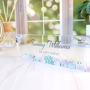 Personalized Name Plate for Desk, Clear Acrylic Glass Name Plate, Custom Office Decor, Succulent Flower Nameplate Sign, CAB41FW