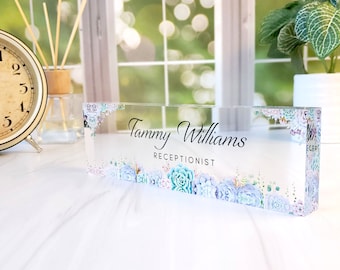 Personalized Name Plate for Desk, Clear Acrylic Glass Name Plate, Custom Office Decor, Succulent Flower Nameplate Sign, CAB41FW