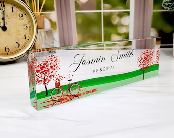 Personalized Acrylic Desk Name Plate, Love Tree Bicycle, Valentine's Day Gift, CAB77VT