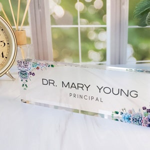Custom Name Plate for Desk | Office Decor | Desk Nameplate | Personalized Gift | Acrylic Plaque | Gift for Women | Succulent Flower, CAB60FW