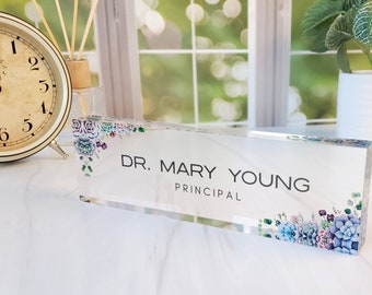 Custom Name Plate for Desk | Office Decor | Desk Nameplate | Personalized Gift | Acrylic Plaque | Gift for Women | Succulent Flower, CAB60FW