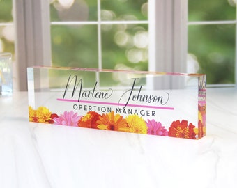 Personalized Name Plate for Desk, Clear Acrylic Glass Name Plate, Custom Office Decor, Flower Nameplate Sign, Personalized Gift, CAB03FW