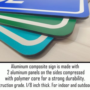 May include: Close-up of three aluminium composite signs in blue, green, and teal. Each sign has a white border and rounded corners. The signs are made with two aluminium panels and a polymer core. The signs are 0.3 cm thick.