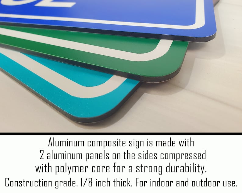 May include: Close-up of three aluminium composite signs in blue, green, and teal. Each sign has a white border and rounded corners. The signs are made with two aluminium panels and a polymer core. The signs are 0.3 cm thick.