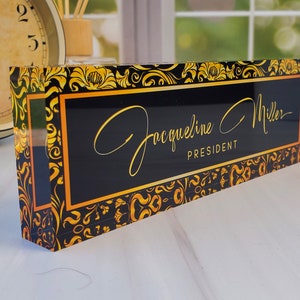 Black Gold Damask Office Desk Name Plate Personalized, Name Plates for Desks on Acrylic Glass Decor, Office Desk Decor, CAB23LF