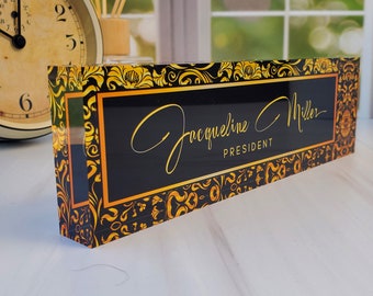 Black Gold Damask Office Desk Name Plate Personalized, Name Plates for Desks on Acrylic Glass Decor, Office Desk Decor, CAB23LF