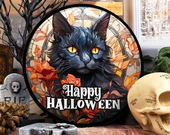 Personalized Halloween Decoration, Black Cat Door Hanger, Cat Halloween Wreath Sign, Samhain Decorations, Cat Halloween Decor , HLW007