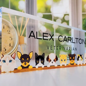 Peut inclure: Une plaque de bureau en acrylique transparente avec le texte "ALEX CARLTON VETERINARIAN" en lettres noires. La plaque pr&eacute;sente une rang&eacute;e d'animaux de dessin anim&eacute;, dont des chiens et des chats, qui regardent par-dessus une surface en bois.