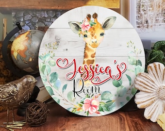 Girls Floral Giraffe Door Sign, Personalized Girls Bedroom Decor, Nursery Wall Art Decor, Wooden Child&#39;s Name Plaque, Custom Sign, ANM008