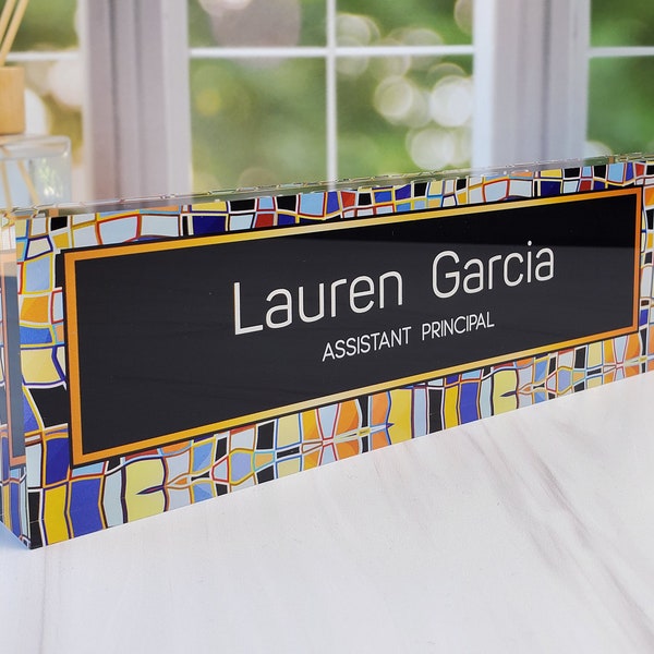 thumbnail interactive-video image 1 of Floral Name Plate For Desk, Business Anniversary Gift, Clear Acrylic... 1 of 14