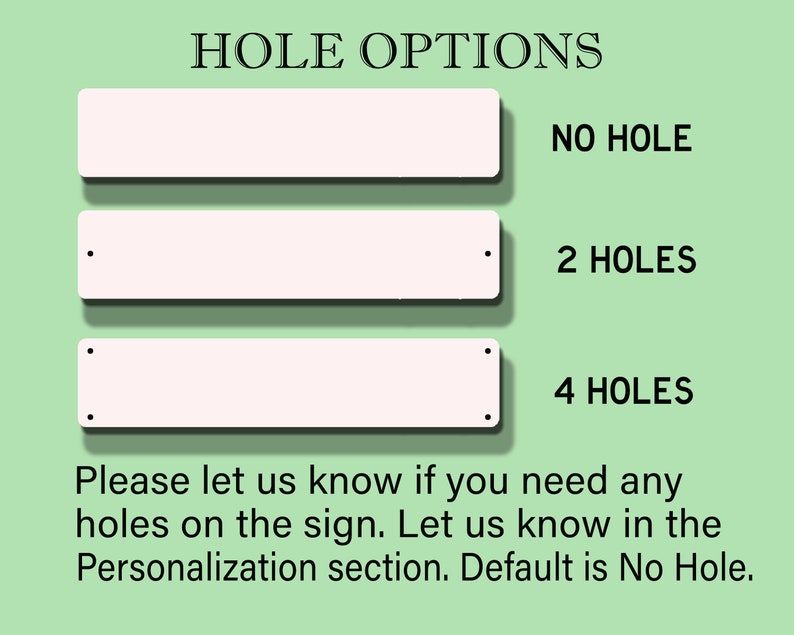May include: Image detailing hole options for a sign. Choices include no hole, 2 holes, and 4 holes. The text advises specifying hole preferences in the personalisation section. The default option is no hole.