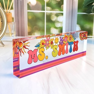 Personalized Teacher Desk Name Plate, Teacher Name Plate, Retro Gift, Acrylic Name Plate for Teacher, Teacher Appreciation Gift, CAB51TC