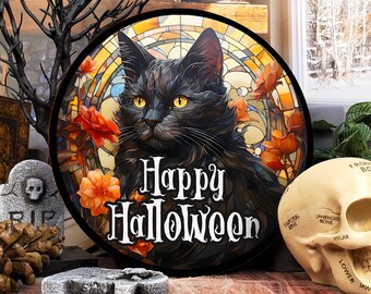 Personalized Halloween Decoration, Black Cat Door Hanger, Black Cat Happy Halloween Sign, Samhain Decorations, Halloween Cat Decor , HLW008