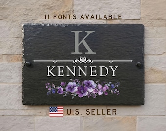 Personalized Rustic Slate Sign for House Address Last Name with Flower SLT-A03