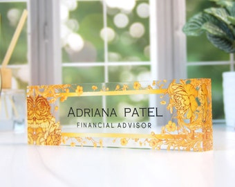 Personalized Name Plate for Desk, Clear Acrylic Glass Name Plate, Custom Office Decor, Flower Nameplate Sign, Personalized Gift, CAB02FW