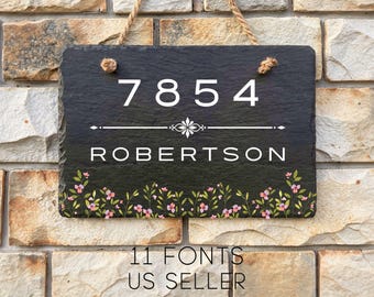 Personalized Custom Slate Address Sign Street Number Plaque with Flower, SLT-A05B
