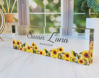 Personalized Name Plate for Desk, Clear Acrylic Glass Name Plate, Custom Office Decor, Flower Nameplate Sign, Personalized Gift, CAB048FW