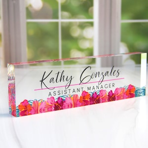 Personalized Name Plate for Desk, Clear Acrylic Glass Name Plate, Custom Office Decor, Flower Nameplate Sign, Personalized Gift, CAB07FW