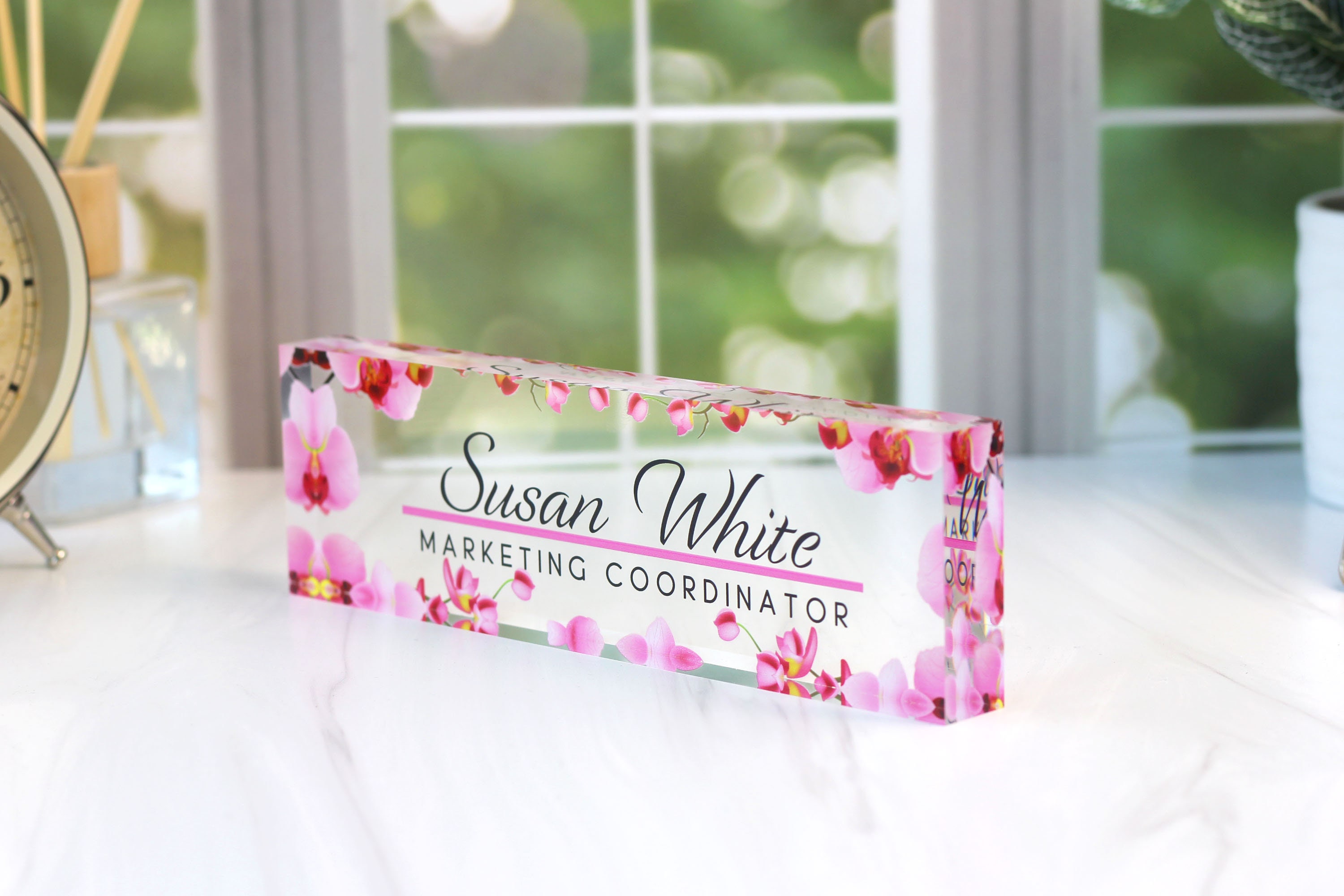 Personalized Name Plate for Desk, Clear Acrylic Glass Name Plate, Custom Office Decor, Flower Nameplate Sign, Personalized Gift, CAB01FW