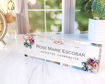 Personalized name plate for desk, Custom name Sign, Office Decor, Rose Flower Clear Acrylic Name Plaque, Gift for Women, CAB63FW