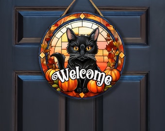 Personalized Halloween Door Sign, Black Cat Door Hanger, Halloween Decor, Black Cat Witch Door Hanger, Welcome Door Sign, HLW001
