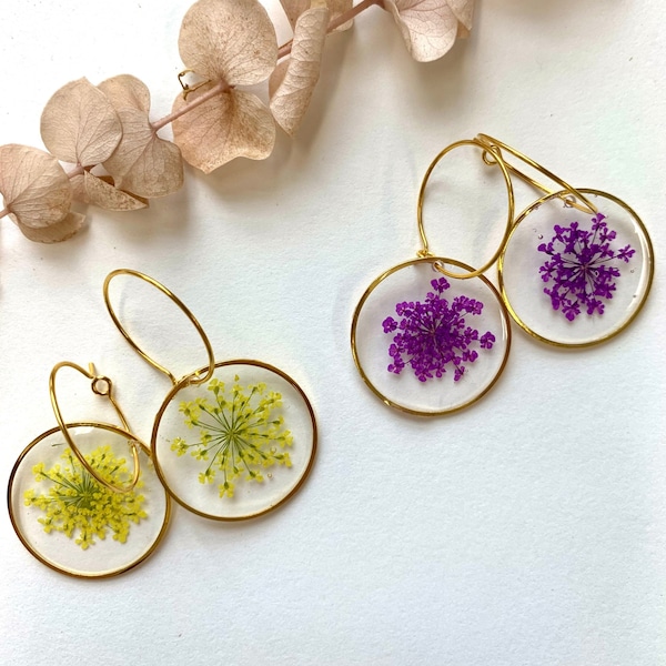 Handmade Pressed Flower Resin Gold Dangle Drop Earrings - Hoops Earrings - Floral Earrings - Cute Earrings - Flower Earrings - Real Flower