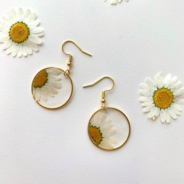 Handmade Pressed Dried Daisy Flower Dangle Drop Earrings Gold - Flower Earrings- Daisy Earrings- Floral Earrings- Cute Earrings- Real Flower