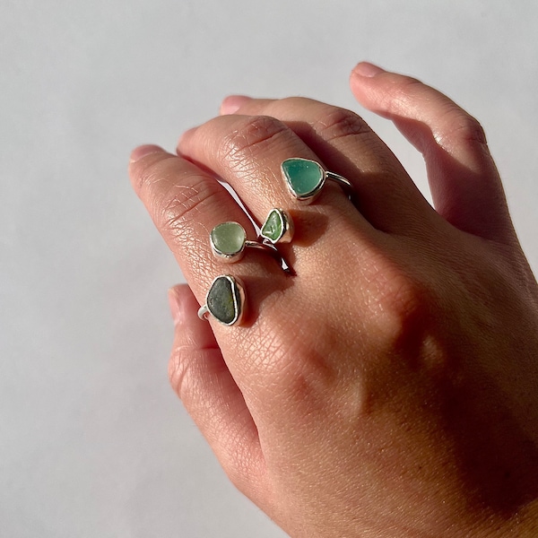 Handmade Devon Adjustable Seaglass Ring in Sterling Silver - Ocean Jewellery- Handmade Gift - Seaglass jewellery- Adjustable Ring - Seafoam
