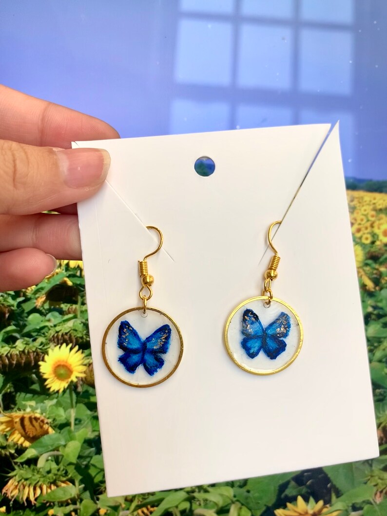 Hand-Painted Butterfly Dangle Drop Epoxy Resin Earrings | Etsy