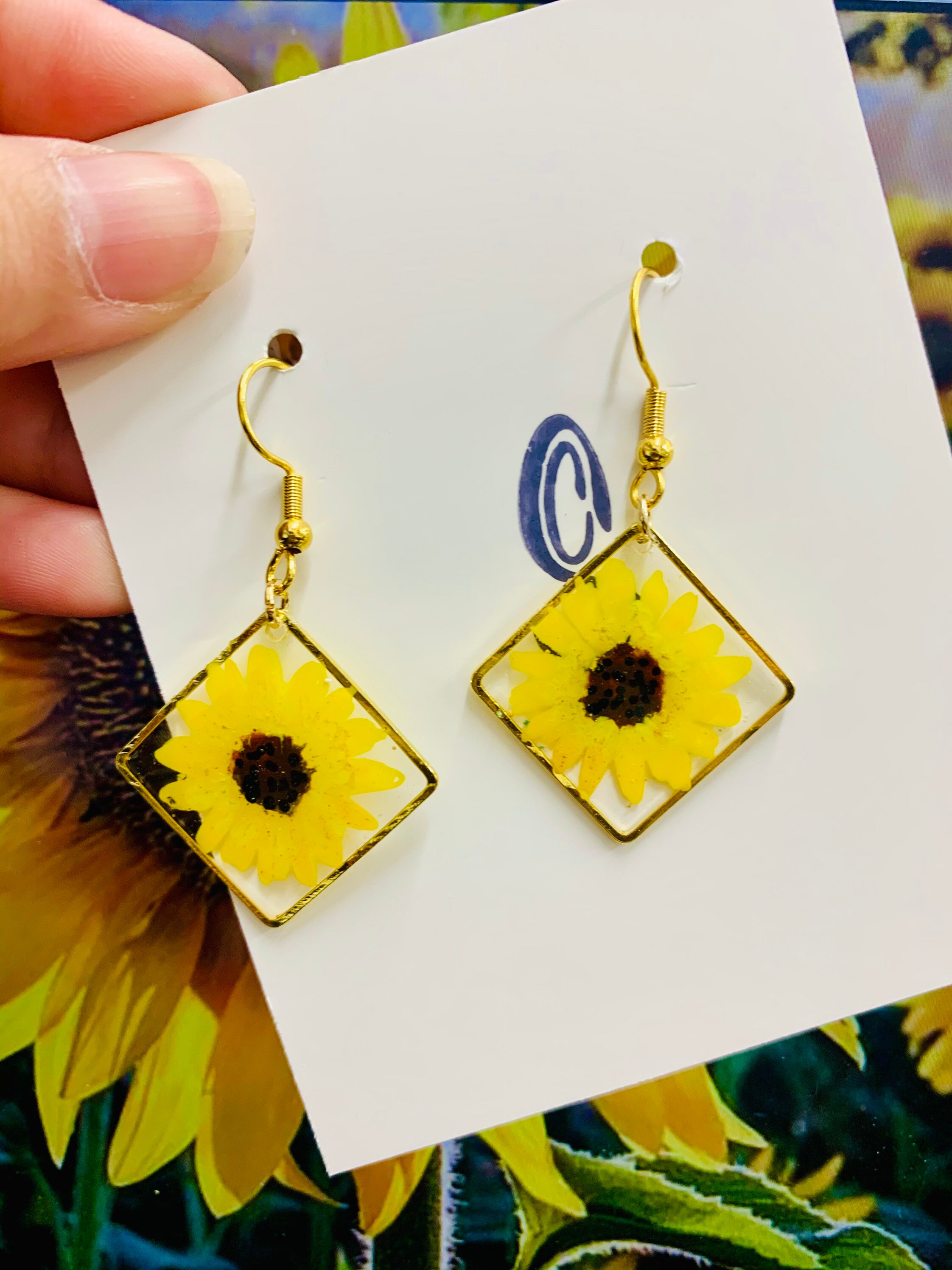 Handpainted Sunflower Dangle Drop Epoxy Resin Earrings Etsy UK