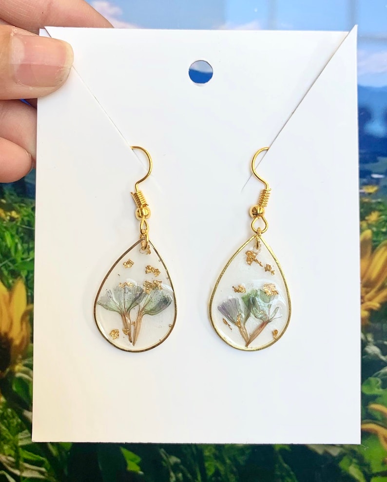 Handmade Pressed Flower Epoxy Resin Gold Dangle Drop Earrings Etsy UK