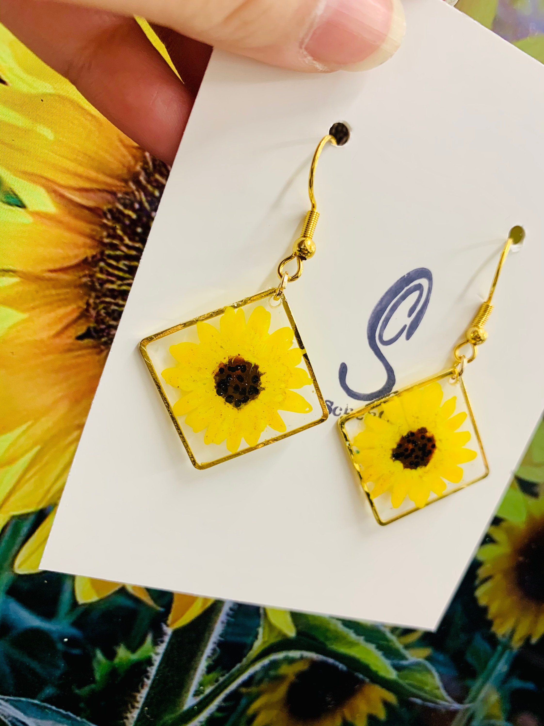 Handpainted Sunflower Dangle Drop Epoxy Resin Earrings Etsy UK